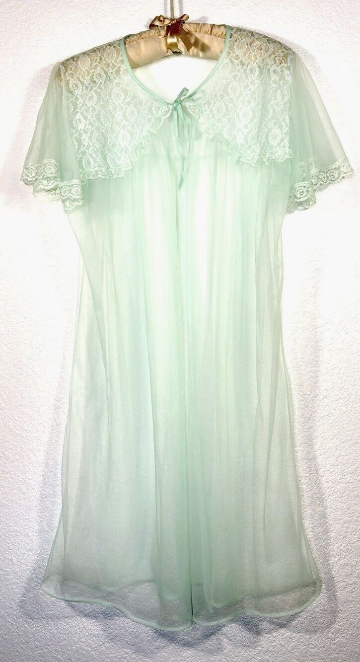 Vintage 70s Elsie of Miami 3X Mint Green Sheer Lace Peignoir Robe Nylon